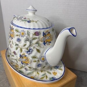 Minton Hadden Hall Blue Floral Bone China Teapot w Underplate Nice  Condition